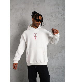 Erkek Kordonlu Arka Maske Kordon Saçlı Kapüşonlu sweatshirt hoodie - Beyaz
