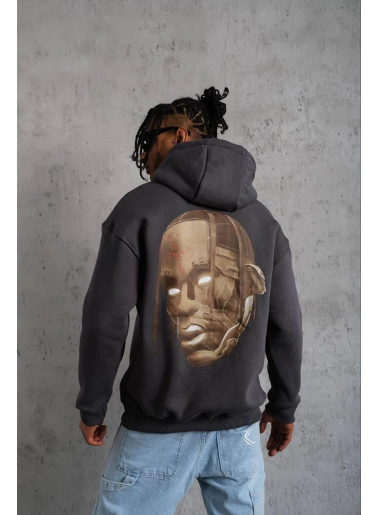 Erkek Kordonlu Arka Maske Kordon Saçlı 3 iplik pamuklu Kapüşonlu sweatshirt - Füme Erkek Kordonlu Arka Maske Kordon Saçlı 3 iplik pamuklu Kapüşonlu sweatshirt - Füme