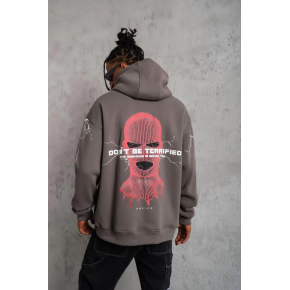 Erkek 3 İplik Pamuklu Kapüşonlu Baskılı Cepli Oversize Sweatshirt Hoodie - Gri