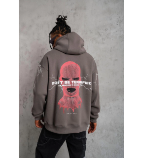 Erkek 3 İplik Pamuklu Kapüşonlu Baskılı Cepli Oversize Sweatshirt Hoodie - Gri