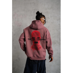 Erkek 3 İplik Pamuklu Kapüşonlu Baskılı Cepli Sweatshirt Hoodie - Gül Kurusu