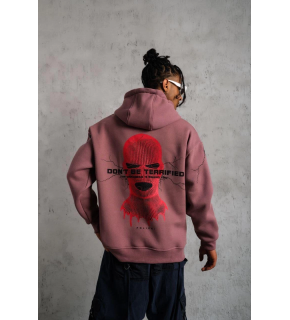 Erkek 3 İplik Pamuklu Kapüşonlu Baskılı Cepli Sweatshirt Hoodie - Gül Kurusu