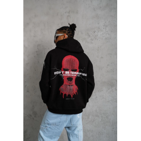 Erkek 3 İplik Pamuklu Kapüşonlu Baskılı Cepli Oversize Sweatshirt Hoodie - Siyah