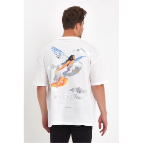 Erkek Kısa Kol Tişört Bisiklet Yaka MELEK Baskılı Oversize T-Shirt - Beyaz