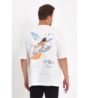 Erkek Kısa Kol Tişört Bisiklet Yaka MELEK Baskılı Oversize T-Shirt - Beyaz