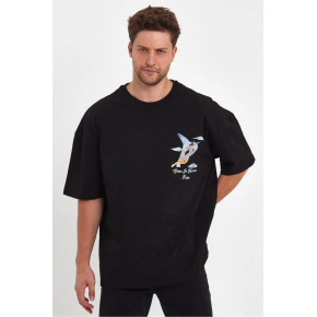 Erkek Melek Baskılı T-Shirt Kısa Kol Bisiklet Yaka Rahat Kalıp Günlük Tişört - Siyah