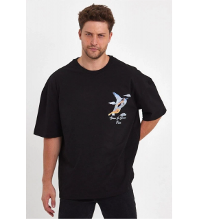 Erkek Melek Baskılı T-Shirt Kısa Kol Bisiklet Yaka Rahat Kalıp Günlük Tişört - Siyah