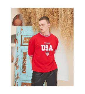 Erkek Bisiklet Yaka Tişört Nakış İşlemeli Kısa Kol Oversize T-Shirt - Kırmızı