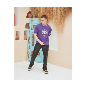 Erkek Bisiklet Yaka Tişört Nakış İşlemeli Kısa Kol Oversize T-Shirt - Mor