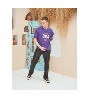Erkek Bisiklet Yaka Tişört Nakış İşlemeli Kısa Kol Oversize T-Shirt - Mor