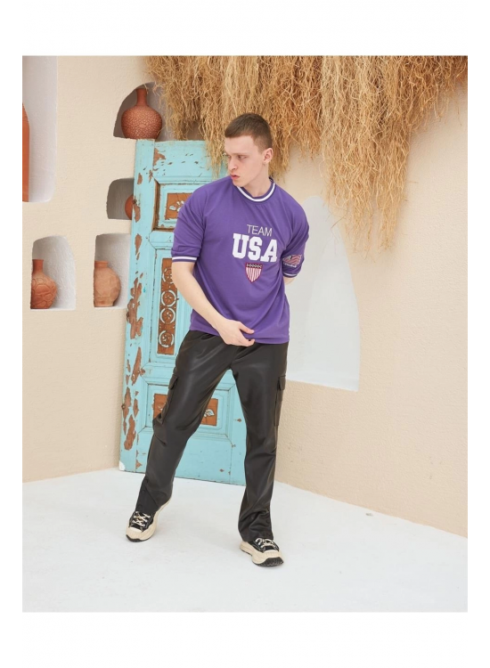 Erkek Bisiklet Yaka Tişört Nakış İşlemeli Kısa Kol Oversize T-Shirt - Mor