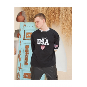 Erkek Bisiklet Yaka Tişört Nakış İşlemeli Kısa Kol Oversize T-ShirtSiyah
