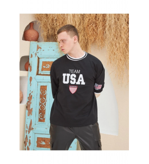 Erkek Bisiklet Yaka Tişört Nakış İşlemeli Kısa Kol Oversize T-ShirtSiyah