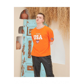 Erkek Bisiklet Yaka Tişört Nakış İşlemeli Kısa Kol Oversize T-Shirt - Turuncu