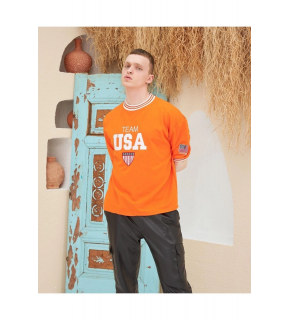 Erkek Bisiklet Yaka Tişört Nakış İşlemeli Kısa Kol Oversize T-Shirt - Turuncu
