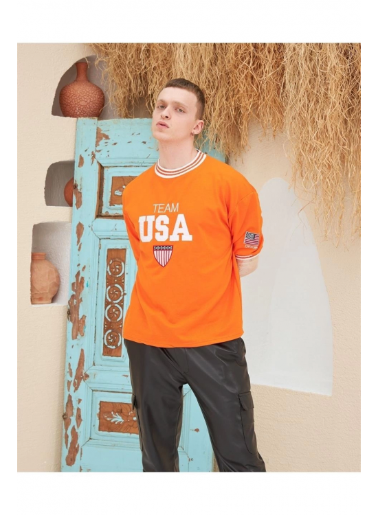 Erkek Bisiklet Yaka Tişört Nakış İşlemeli Kısa Kol Oversize T-Shirt - Turuncu