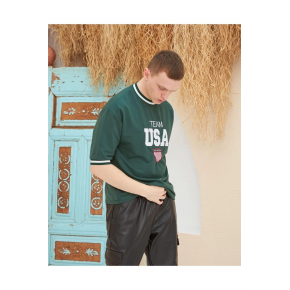 Erkek Bisiklet Yaka Tişört Nakış İşlemeli Kısa Kol Oversize T-Shirt - Yeşil