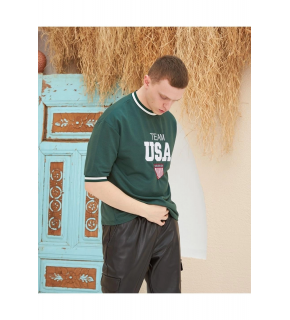 Erkek Bisiklet Yaka Tişört Nakış İşlemeli Kısa Kol Oversize T-Shirt - Yeşil