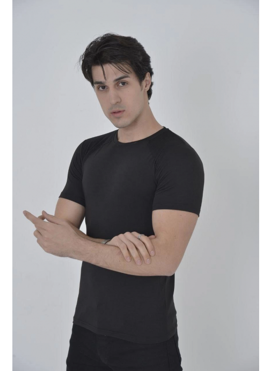 Erkek Omuz Fileli T-Shirt Kısa Kol Bisiklet Yaka Slimfit Tişört   - Siyah