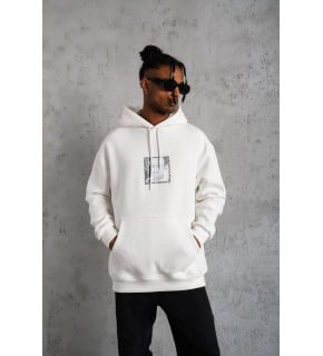 Erkek 3 İplik Pamuklu Kapüşonlu Baskılı Cepli Oversize Sweatshirt Hoodie - Beyaz
