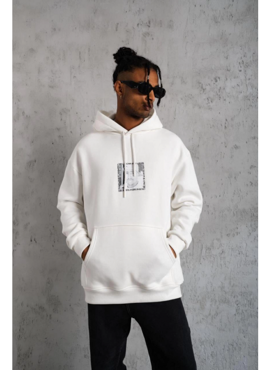 Erkek 3 İplik Pamuklu Kapüşonlu Baskılı Cepli Oversize Sweatshirt Hoodie - Beyaz Erkek 3 İplik Pamuklu Kapüşonlu Baskılı Cepli Oversize Sweatshirt Hoodie - Beyaz