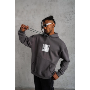 Erkek 3 İplik Pamuklu Kapüşonlu Baskılı Cepli Oversize Sweatshirt Hoodie - Gri