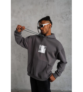 Erkek 3 İplik Pamuklu Kapüşonlu Baskılı Cepli Oversize Sweatshirt Hoodie - Gri