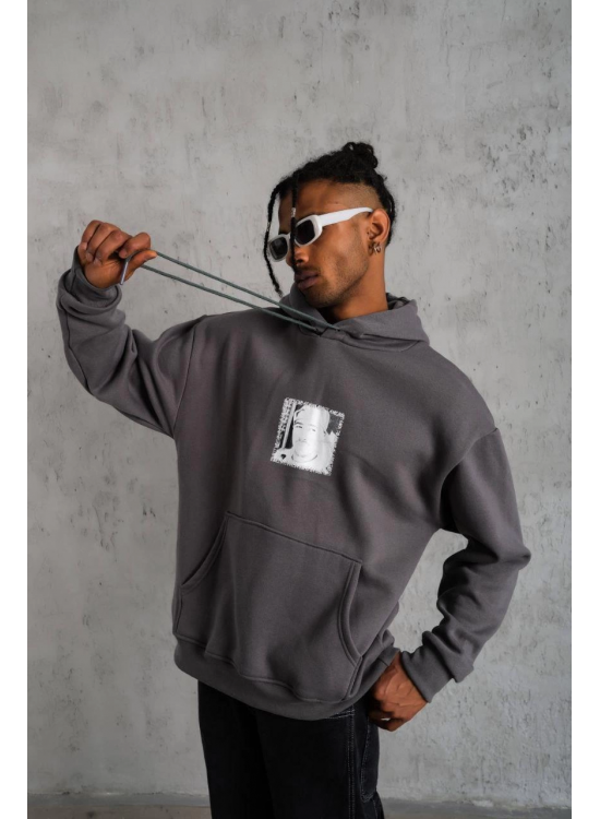 Erkek 3 İplik Pamuklu Kapüşonlu Baskılı Cepli Oversize Sweatshirt Hoodie - Gri Erkek 3 İplik Pamuklu Kapüşonlu Baskılı Cepli Oversize Sweatshirt Hoodie - Gri