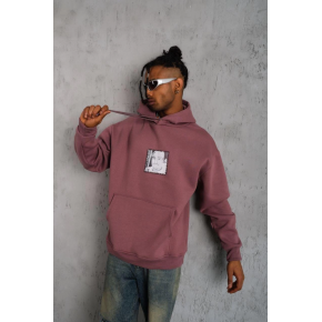 Erkek 3 İplik Pamuklu Kapüşonlu Baskılı Cepli Sweatshirt Hoodie - Gül Kurusu
