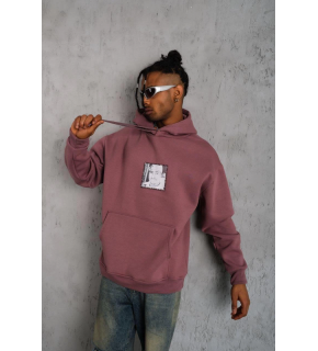 Erkek 3 İplik Pamuklu Kapüşonlu Baskılı Cepli Sweatshirt Hoodie - Gül Kurusu