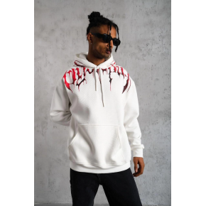 Erkek 3 İplik Pamuklu Baskılı Kapüşonlu Cepli Sweatshirt Hoodie - Beyaz