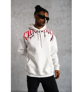 Erkek 3 İplik Pamuklu Baskılı Kapüşonlu Cepli Sweatshirt Hoodie - Beyaz