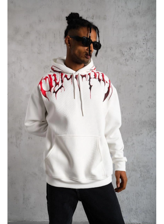 Erkek 3 İplik Pamuklu Baskılı Kapüşonlu Cepli Sweatshirt Hoodie - Beyaz