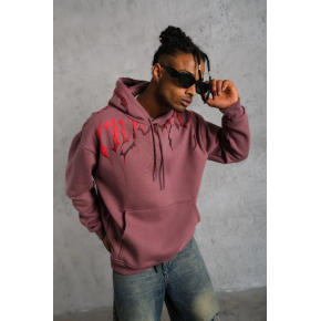 Erkek 3 İplik Pamuklu Baskılı Kapüşonlu Cepli Sweatshirt Hoodie - Gül Kurusu