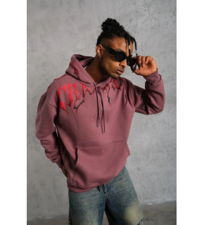 Erkek 3 İplik Pamuklu Baskılı Kapüşonlu Cepli Sweatshirt Hoodie - Gül Kurusu