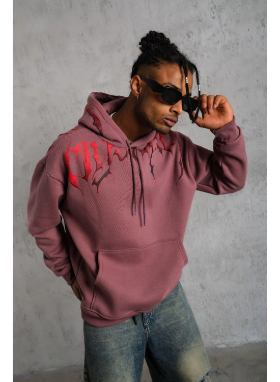 Erkek 3 İplik Pamuklu Baskılı Kapüşonlu Cepli Sweatshirt Hoodie - Gül Kurusu