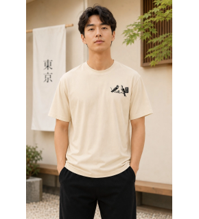 Erkek Ön ve Arka Tokyo Kuş Çiçek Baskılı Oversize T-Shirt - Ekru