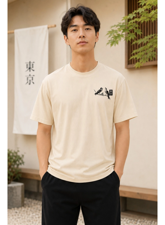 Erkek Ön ve Arka Tokyo Kuş Çiçek Baskılı Oversize T-Shirt - Ekru Erkek Ön ve Arka Tokyo Kuş Çiçek Baskılı Oversize T-Shirt - Ekru
