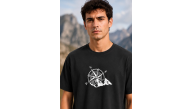 Erkek Outdoor Pusula Dağ Baskılı Kısa Kollu Oversize T-Shirt - Siyah