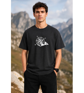 Erkek Outdoor Pusula Dağ Baskılı Kısa Kollu Oversize T-Shirt - Siyah