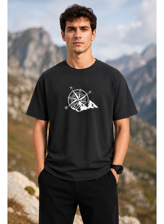 Erkek Outdoor Pusula Dağ Baskılı Kısa Kollu Oversize T-Shirt - Siyah