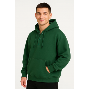 Erkek Kapüşonlu Hoodie Cepli Çıtçıtlı 3 İplik Pamuklu Sweatshirt - Haki