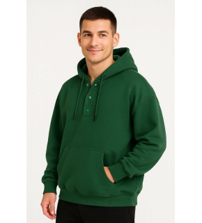 Erkek Kapüşonlu Hoodie Cepli Çıtçıtlı 3 İplik Pamuklu Sweatshirt - Haki