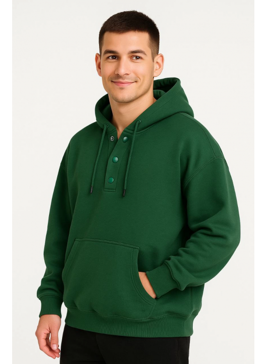 Erkek Kapüşonlu Hoodie Cepli Çıtçıtlı 3 İplik Pamuklu Sweatshirt - Haki Erkek Kapüşonlu Hoodie Cepli Çıtçıtlı 3 İplik Pamuklu Sweatshirt - Haki