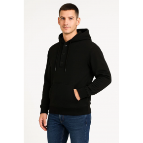 Erkek Kapüşonlu Hoodie Cepli Çıtçıtlı 3 İplik Pamuklu Sweatshirt - Siyah