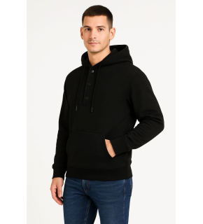 Erkek Kapüşonlu Hoodie Cepli Çıtçıtlı 3 İplik Pamuklu Sweatshirt - Siyah