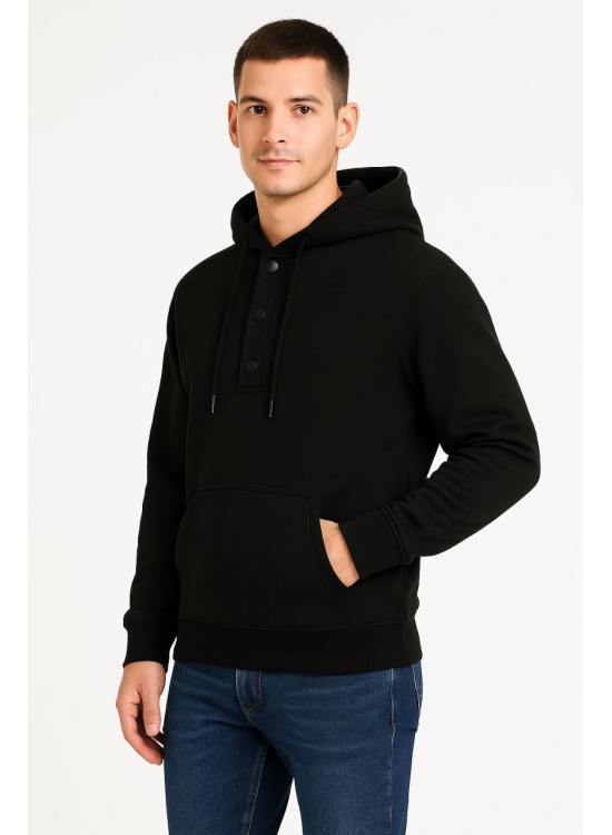 Erkek Kapüşonlu Hoodie Cepli Çıtçıtlı 3 İplik Pamuklu Sweatshirt - Siyah Erkek Kapüşonlu Hoodie Cepli Çıtçıtlı 3 İplik Pamuklu Sweatshirt - Siyah