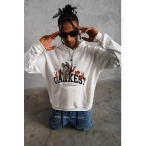 Erkek Kapüşonlu Kanguru Cepli Sweatshirt 3 İplik Pamuklu Baskılı Hoodie - Beyaz