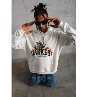 Erkek Kapüşonlu Kanguru Cepli Sweatshirt 3 İplik Pamuklu Baskılı Hoodie - Beyaz