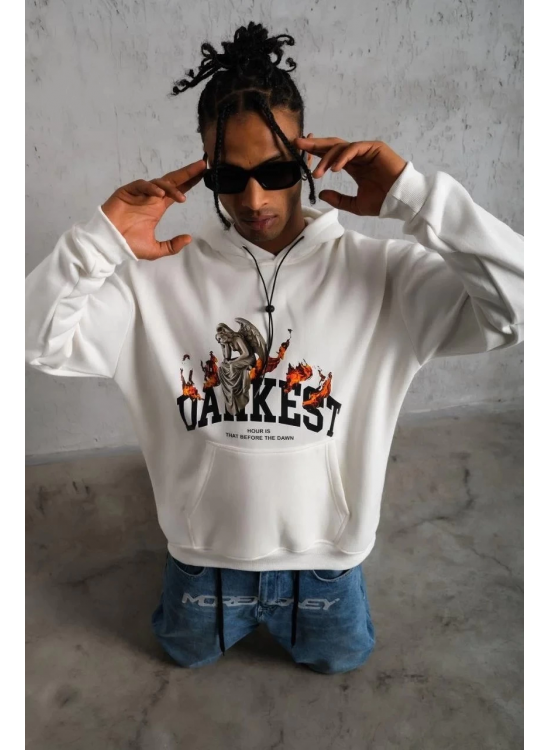 Erkek Kapüşonlu Kanguru Cepli Sweatshirt 3 İplik Pamuklu Baskılı Hoodie - Beyaz Erkek Kapüşonlu Kanguru Cepli Sweatshirt 3 İplik Pamuklu Baskılı Hoodie - Beyaz